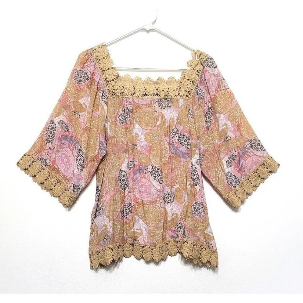 Zac & Rachel Paisley Print Crochet Trim Peasant Top Size L